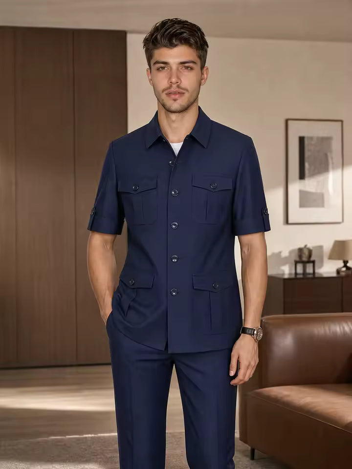 ST Cassy Short Sleeve man suits Safari 2 Piece set Jacket +Pants Business Outwear Costum leisure Summer thin version High quality