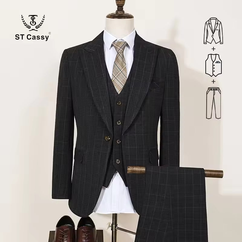 ST Cassy High Quality Men's Plaid suit Slim Fit Male Groom Wedding Blazers evening gown（jacket+Vest+Pants）