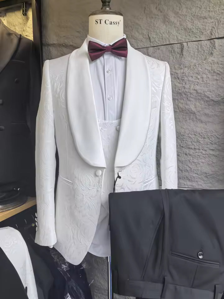 ST Cassy white Male Groom Wedding shawl collar Blazers figure Party Dress Tuxedo Prom Suit Fashion Slim Fit (jacket+Vest+Pants）