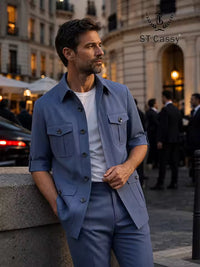 ST Cassy Short Sleeve man suits Safari 2 Piece set Jacket +Pants Business Outwear Costum leisure Summer thin version High quality