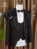 ST Cassy High Quality Retro carving Party Dress Slim Fit Tuxedo Prom Suit Fashion black Male Groom Wedding three-piece