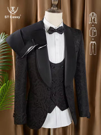 ST Cassy High Quality Retro carving Party Dress Slim Fit Tuxedo Prom Suit Fashion black Male Groom Wedding three-piece