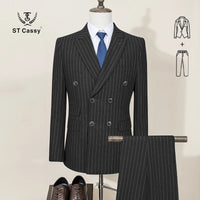 ST Cassy Men Striped suit Double Breasted High-end Brand Formal Business Slim Fit Coat Pants 2 Pieces Set Fashionable and Casual