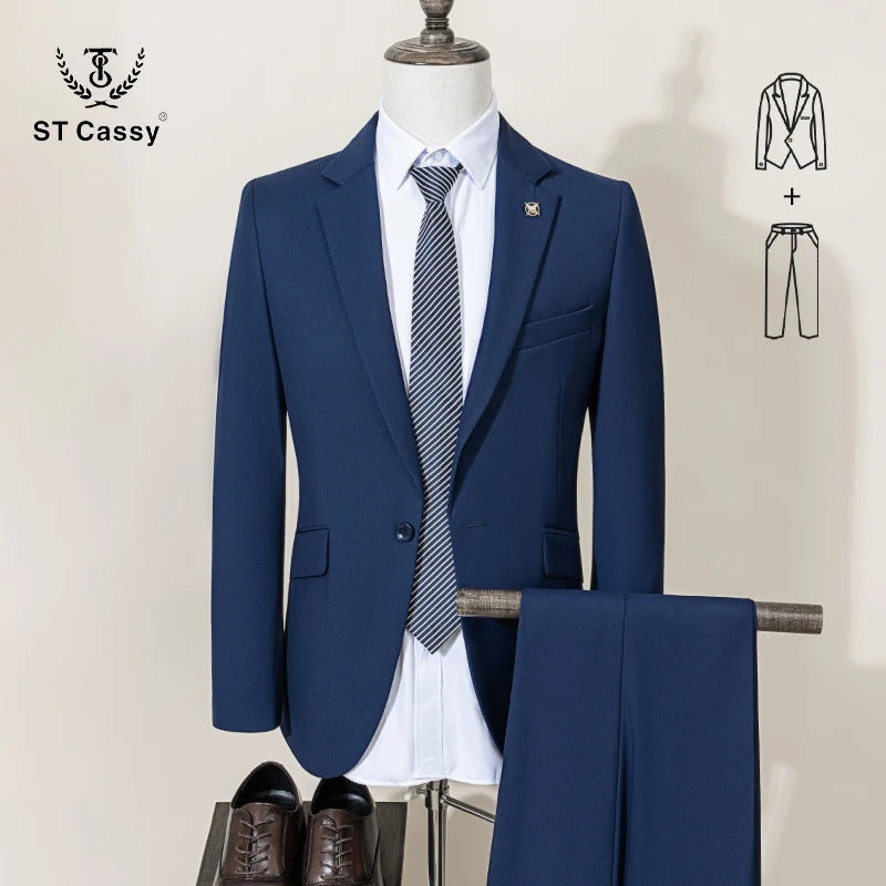 ST Cassy High Quality Men's Suit Slim Fit Solid Color Suit Formal Business Office Single Breasted Coat Pants 2 Pieces Set