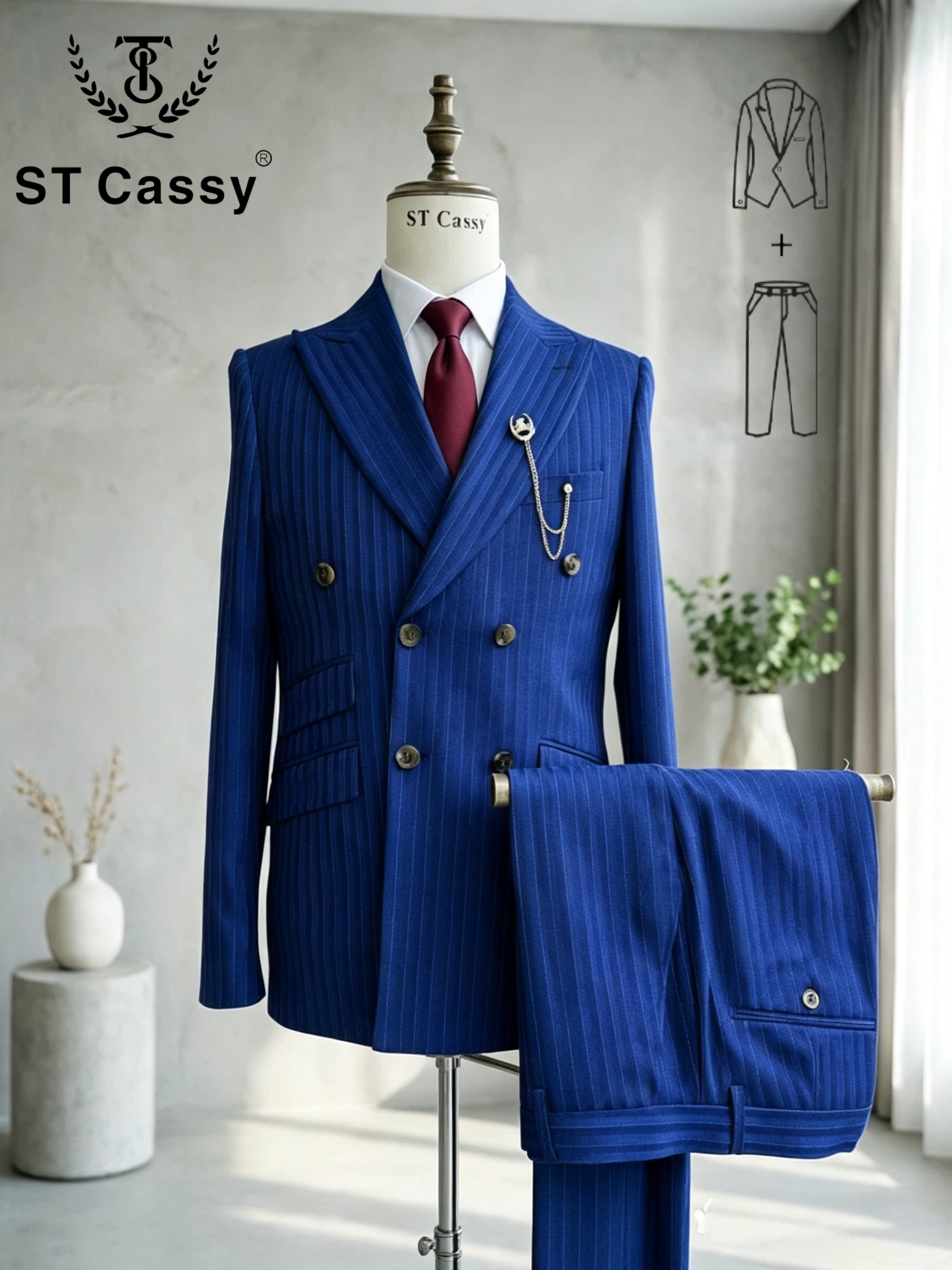 ST Cassy Royal Blue Pinstripe Double Breasted Suit | Formal Business 2 Piece Suit For Men