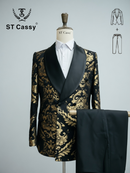 ST Cassy Men Black Gold Floral Jacquard Tuxedo Suit, 2 Piece Shawl Lapel ST Cassy Formal Wedding Blazer & Trousers