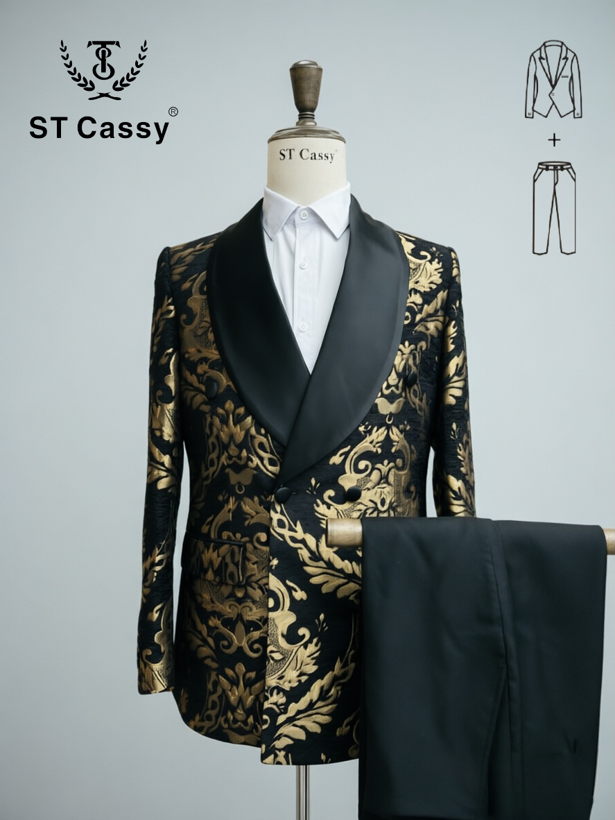 ST Cassy Men Black Gold Floral Jacquard Tuxedo Suit, 2 Piece Shawl Lapel ST Cassy Formal Wedding Blazer & Trousers