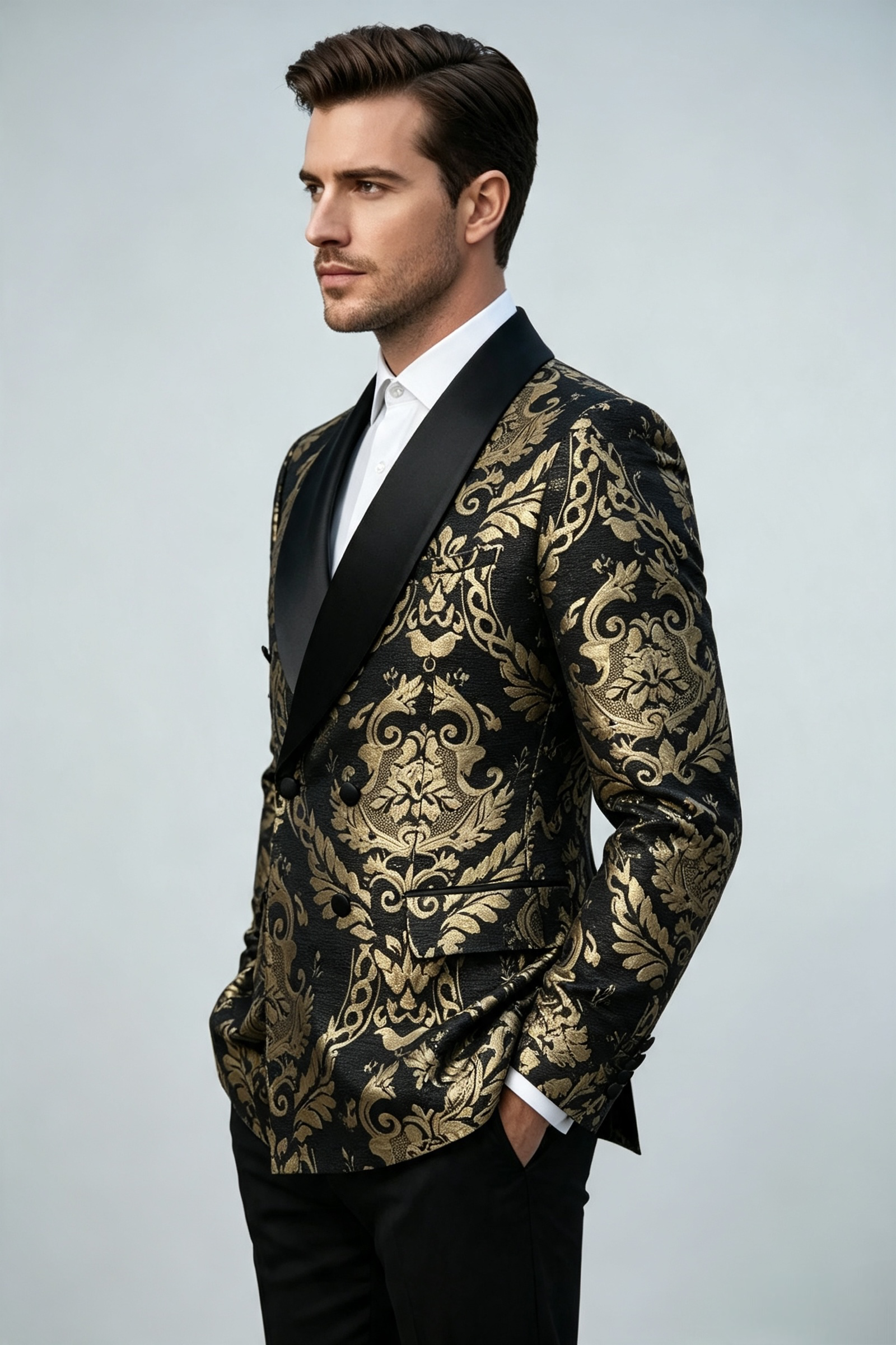 ST Cassy Men Black Gold Floral Jacquard Tuxedo Suit, 2 Piece Shawl Lapel ST Cassy Formal Wedding Blazer & Trousers