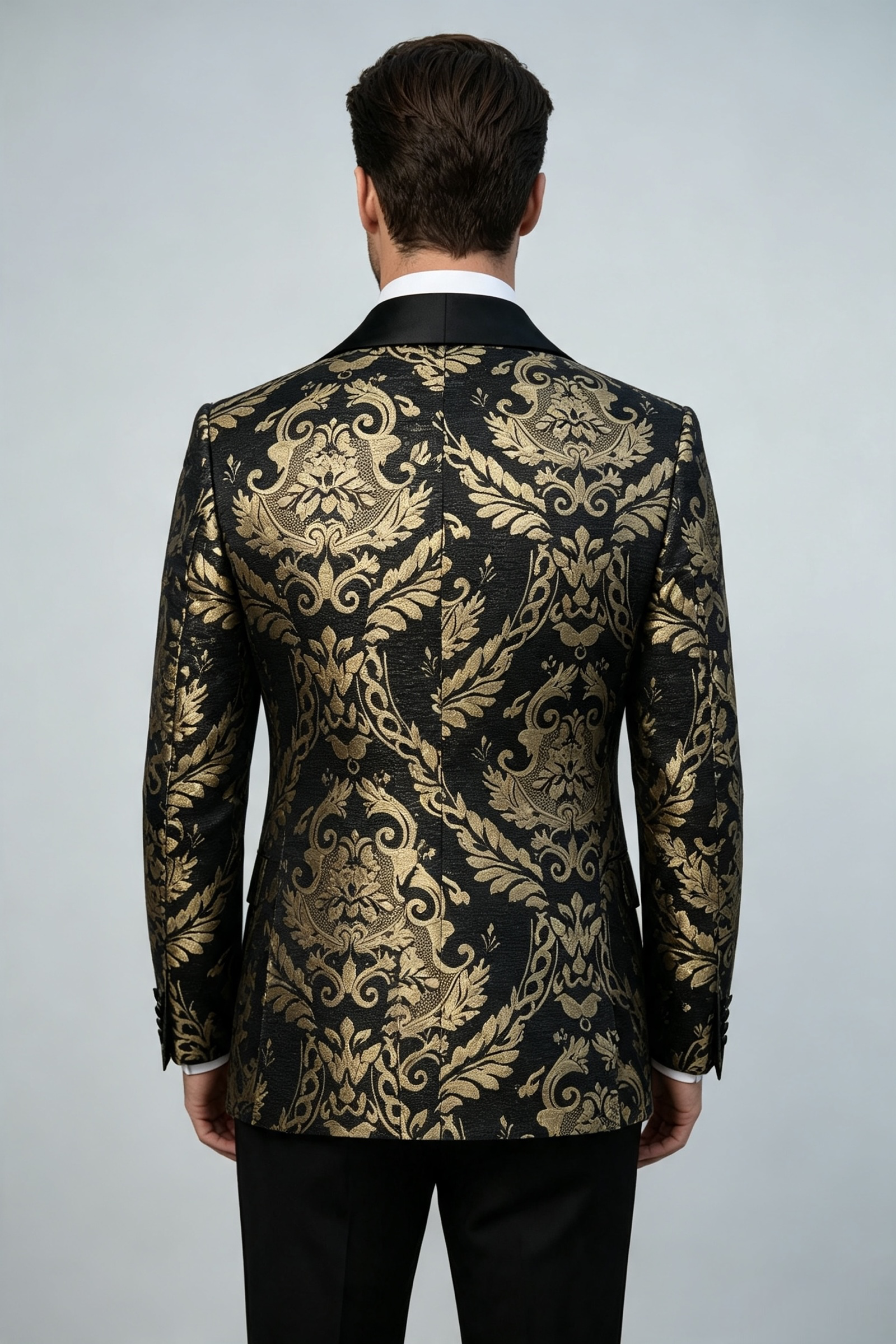 ST Cassy Men Black Gold Floral Jacquard Tuxedo Suit, 2 Piece Shawl Lapel ST Cassy Formal Wedding Blazer & Trousers