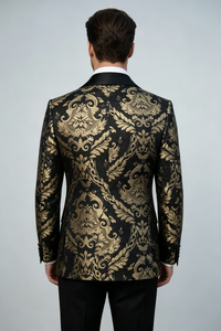 ST Cassy Men Black Gold Floral Jacquard Tuxedo Suit, 2 Piece Shawl Lapel ST Cassy Formal Wedding Blazer & Trousers