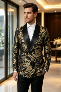 ST Cassy Men Black Gold Floral Jacquard Tuxedo Suit, 2 Piece Shawl Lapel ST Cassy Formal Wedding Blazer & Trousers