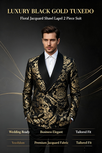 ST Cassy Men Black Gold Floral Jacquard Tuxedo Suit, 2 Piece Shawl Lapel ST Cassy Formal Wedding Blazer & Trousers