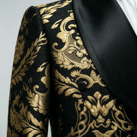 ST Cassy Men Black Gold Floral Jacquard Tuxedo Suit, 2 Piece Shawl Lapel ST Cassy Formal Wedding Blazer & Trousers