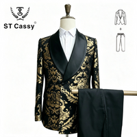 ST Cassy Men Black Gold Floral Jacquard Tuxedo Suit, 2 Piece Shawl Lapel ST Cassy Formal Wedding Blazer & Trousers