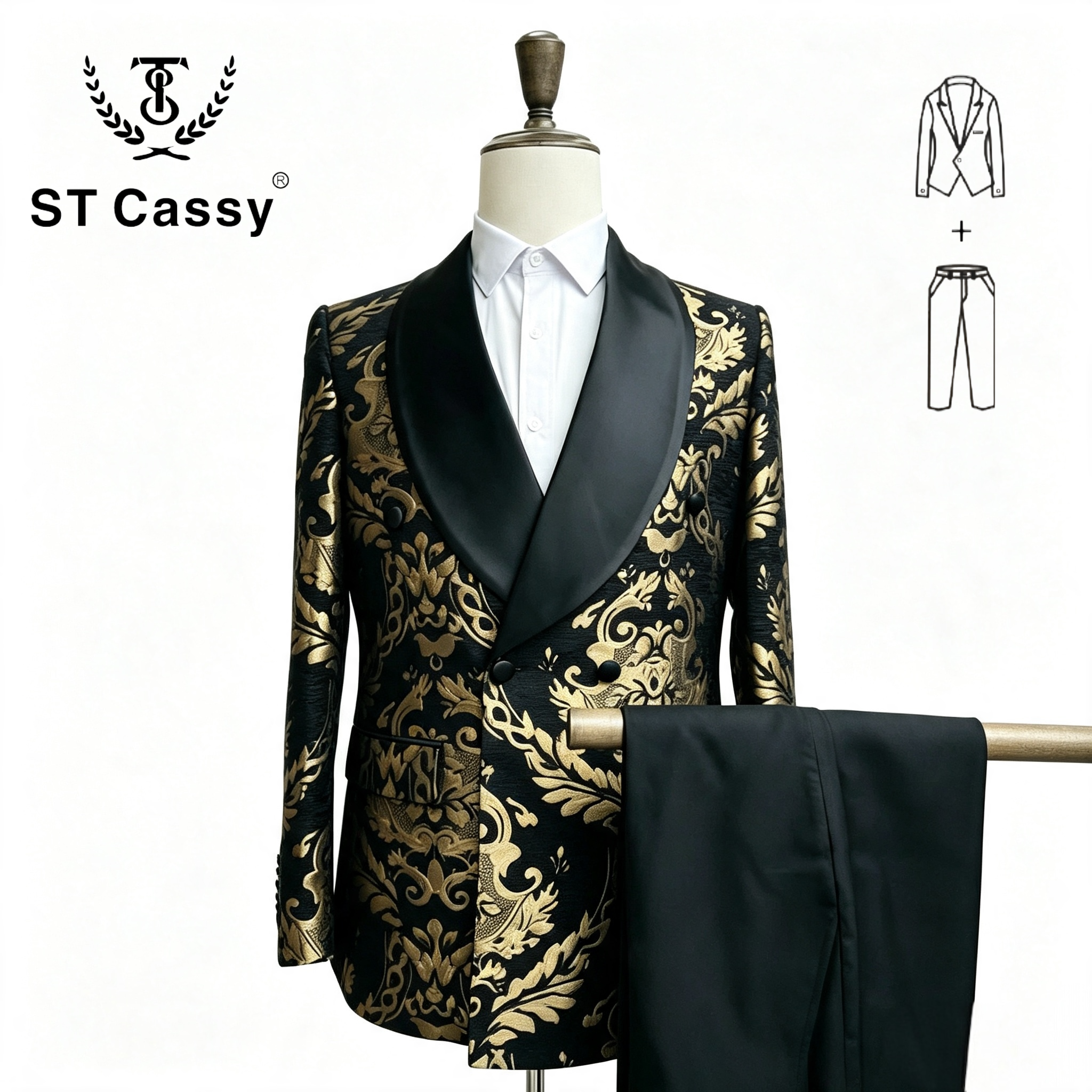 ST Cassy Men Black Gold Floral Jacquard Tuxedo Suit, 2 Piece Shawl Lapel ST Cassy Formal Wedding Blazer & Trousers