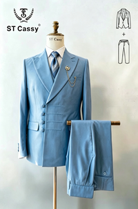 ST Cassy Men Sky Blue Asymmetric Button Suit 2 Piece, Peak Lapel Wedding Blazer & Trousers
