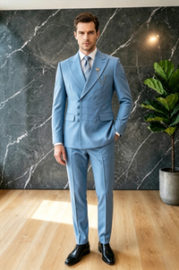 ST Cassy Men Sky Blue Asymmetric Button Suit 2 Piece, Peak Lapel Wedding Blazer & Trousers