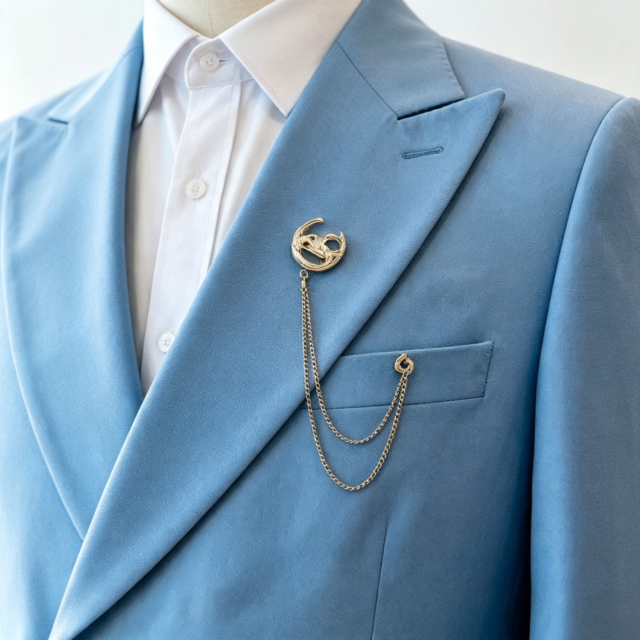 ST Cassy Men Sky Blue Asymmetric Button Suit 2 Piece, Peak Lapel Wedding Blazer & Trousers
