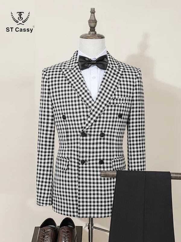 ST Cassy Fashionable Plaid suit High-end Brand Business Slim Fit Casual Party Dress Male Groom Wedding Blazers Double Breasted