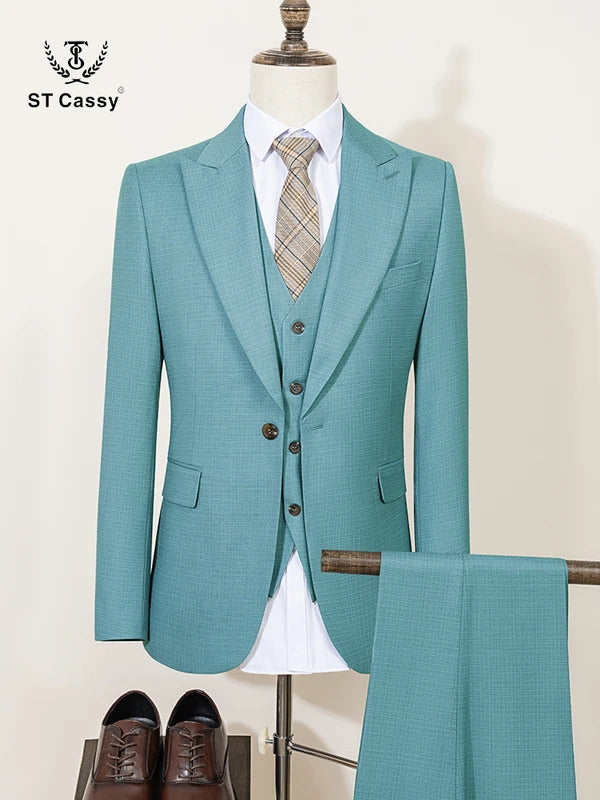 ST Cassy High Quality Men's Suit Summer thin Green  Slim Fit Formal Business Office Men's Suits（jacket+Vest+Pants）