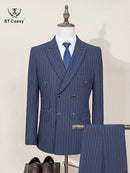 ST Cassy Men Striped suit Double Breasted High-end Brand Formal Business Slim Fit Coat Pants 2 Pieces Set Fashionable and Casual