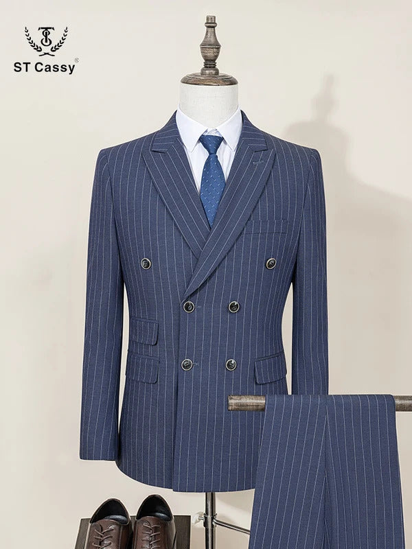 ST Cassy Men Striped suit Double Breasted High-end Brand Formal Business Slim Fit Coat Pants 2 Pieces Set Fashionable and Casual