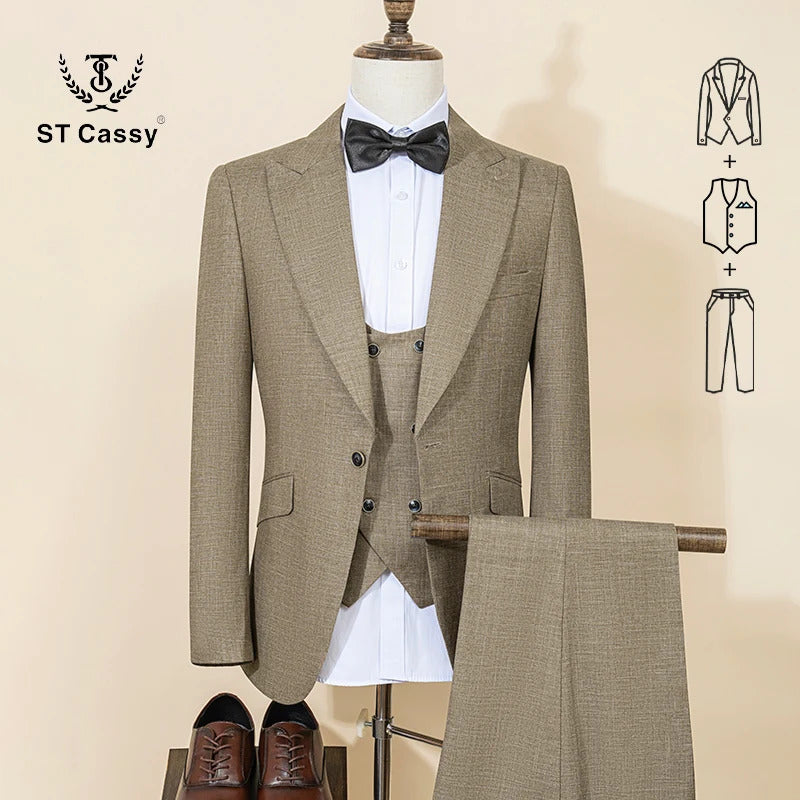 ST Cassy High Quality Male Groom Wedding Blazers Slim fit casual evening gown Business Office khaki Men's Suits