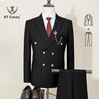 ST Cassy double-breasted Men's Suit Fashionable and Casual Slim Fit Male Groom Wedding Blazers Party Dress Jacket Coat Pants