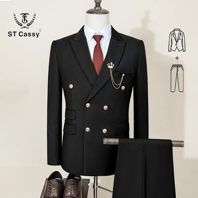 ST Cassy double-breasted Men's Suit Fashionable and Casual Slim Fit Male Groom Wedding Blazers Party Dress Jacket Coat Pants