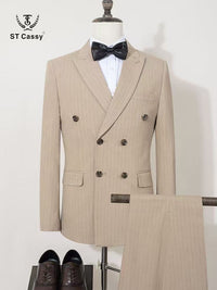 ST Cassy Men Striped suit Double Breasted High-end Brand Formal Business Slim Fit Coat Pants 2 Pieces Set Fashionable and Casual