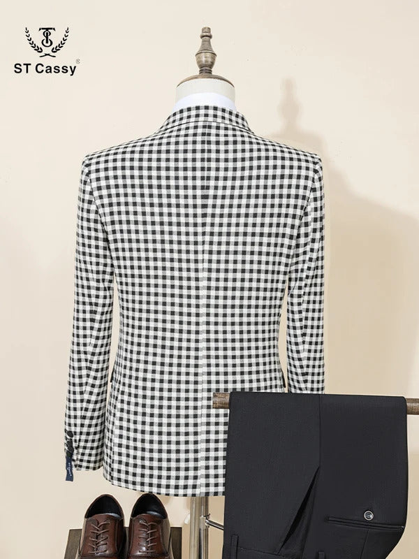 ST Cassy Fashionable Plaid suit High-end Brand Business Slim Fit Casual Party Dress Male Groom Wedding Blazers Double Breasted