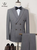 ST Cassy Men Striped suit Double Breasted High-end Brand Formal Business Slim Fit Coat Pants 2 Pieces Set Fashionable and Casual