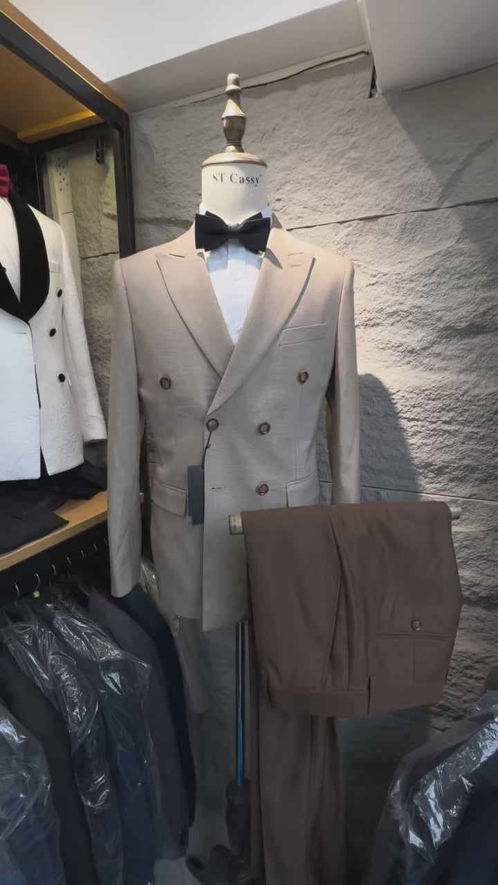 ST Cassy High Quality Jacket+pants elegant light coffee fine grain double breasted gentleman's suit set Stereoscopic cutting lapel collar