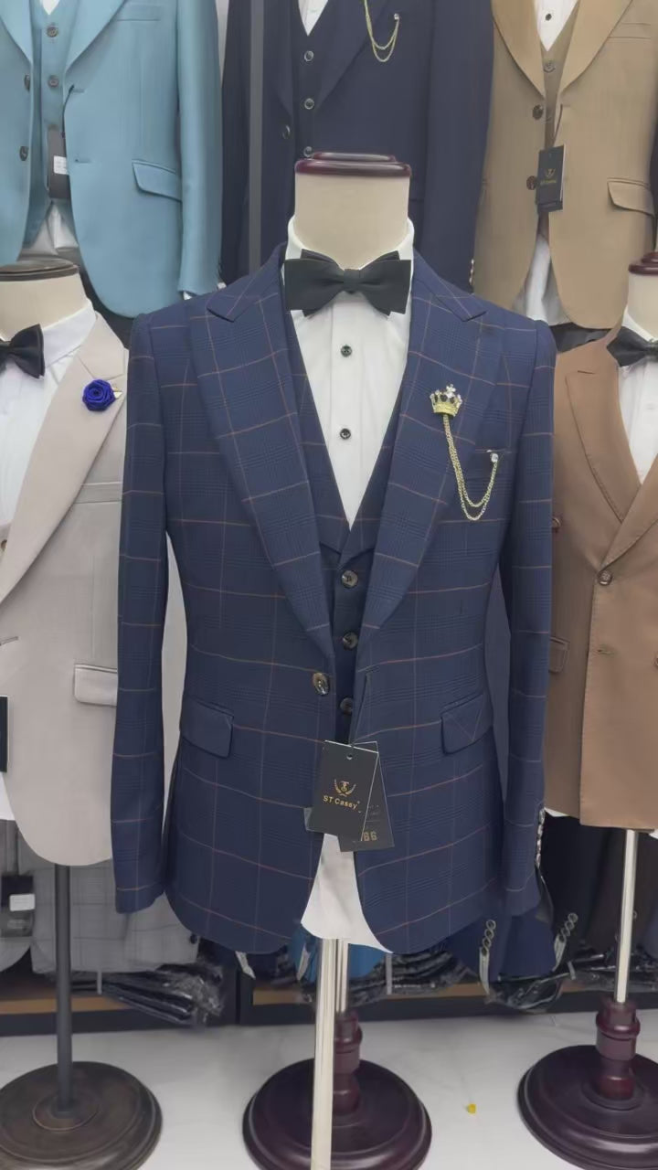 ST Cassy high quality 3 Piece Checkered Suit Set dark blue Stylish Business Office Wedding Formal Outfit Elegant full man suit