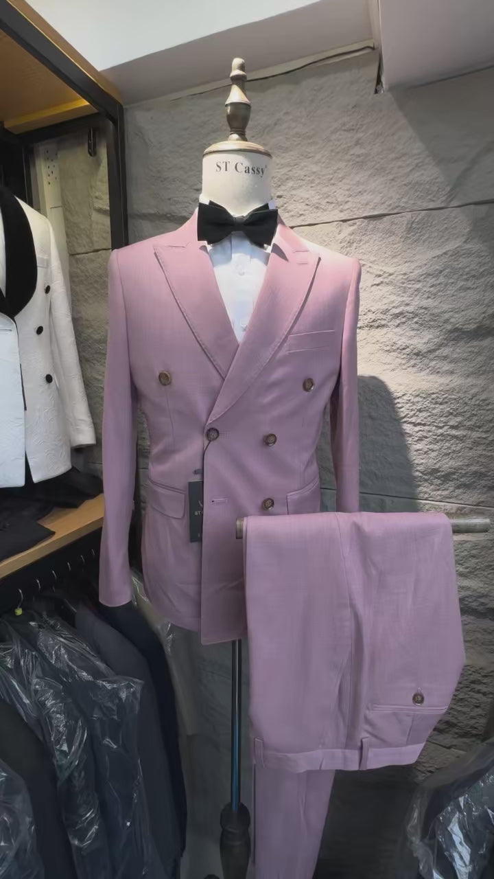 ST Cassy 2026 New pink Men's Suit 2-Piece Set jacket+pants Double breasted Slim Fit Business Casual Formal Wear Wedding/Interview Ready