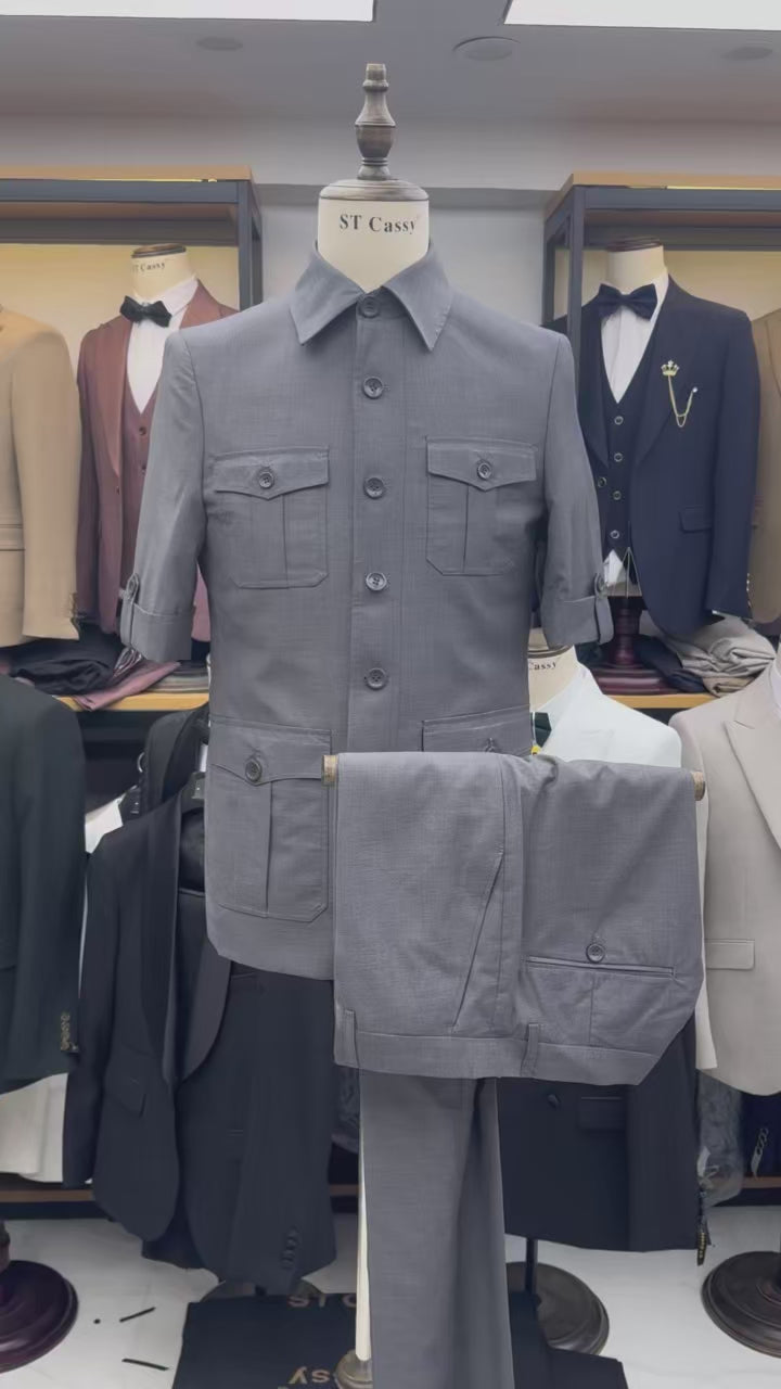 ST Cassy Short Sleeve man suits Safari 2 Piece set Jacket +Pants Business Outwear Costum leisure Summer thin version High quality