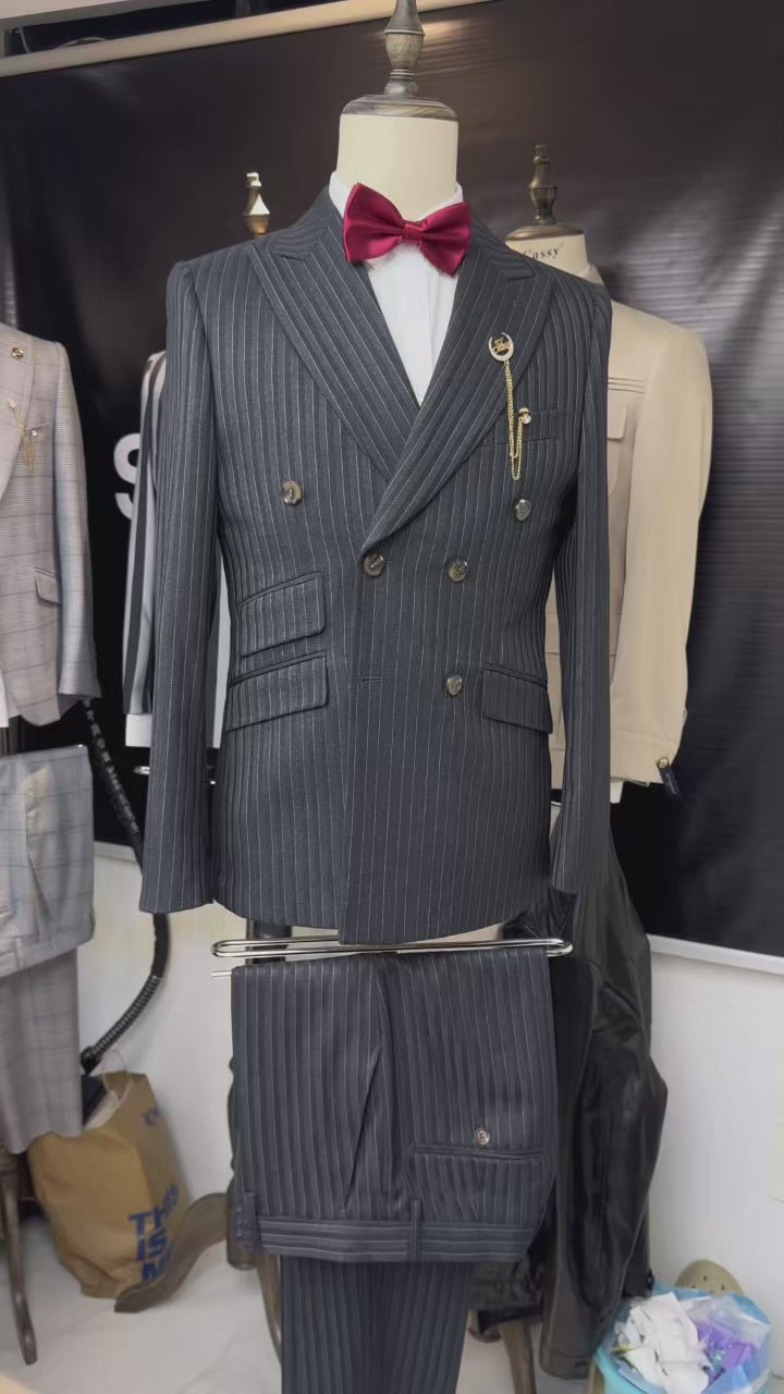ST Cassy Men Striped Suit 2 Pieces Double Breasted, Black Pinstripe, Italian Cut British Style High Quality Elegant Jacket & Trousers