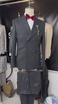 ST Cassy Men Striped Suit 2 Pieces Double Breasted, Black Pinstripe, Italian Cut British Style High Quality Elegant Jacket & Trousers