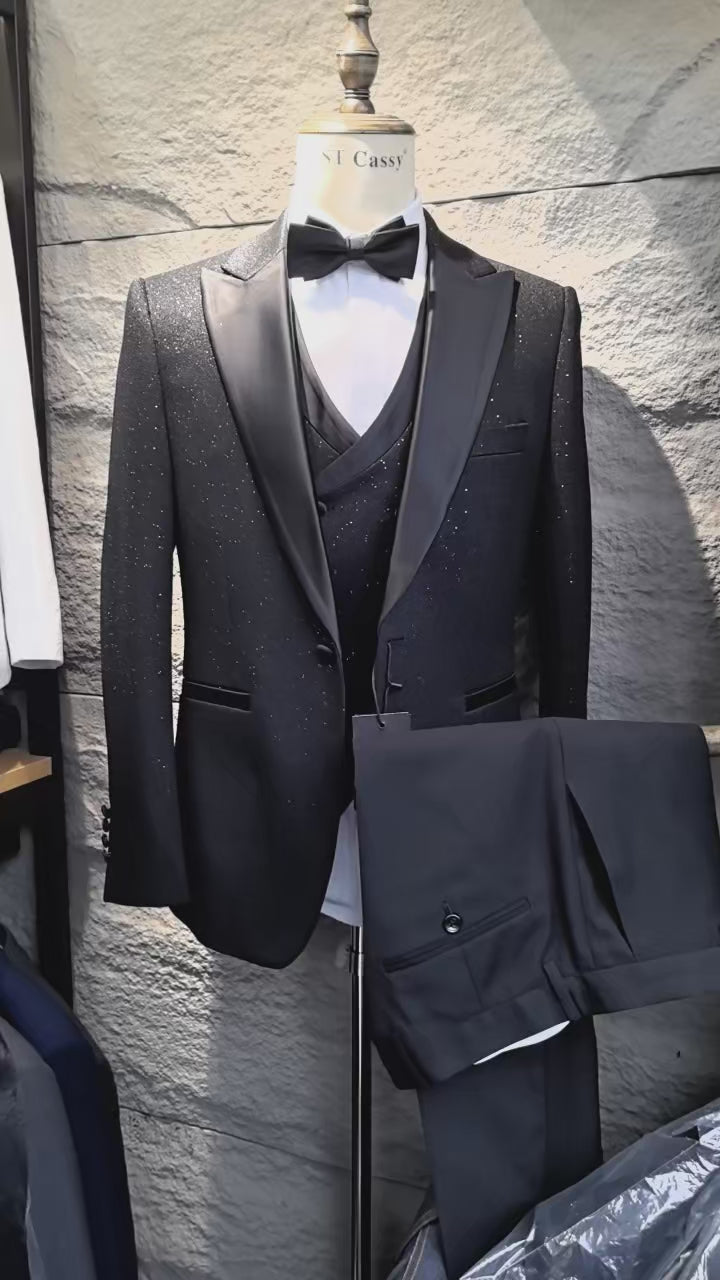ST Cassy 奢華男士西服 高品質三件式閃鑽點綴婚禮禮服 閃亮鑽石燕尾服晚宴西裝