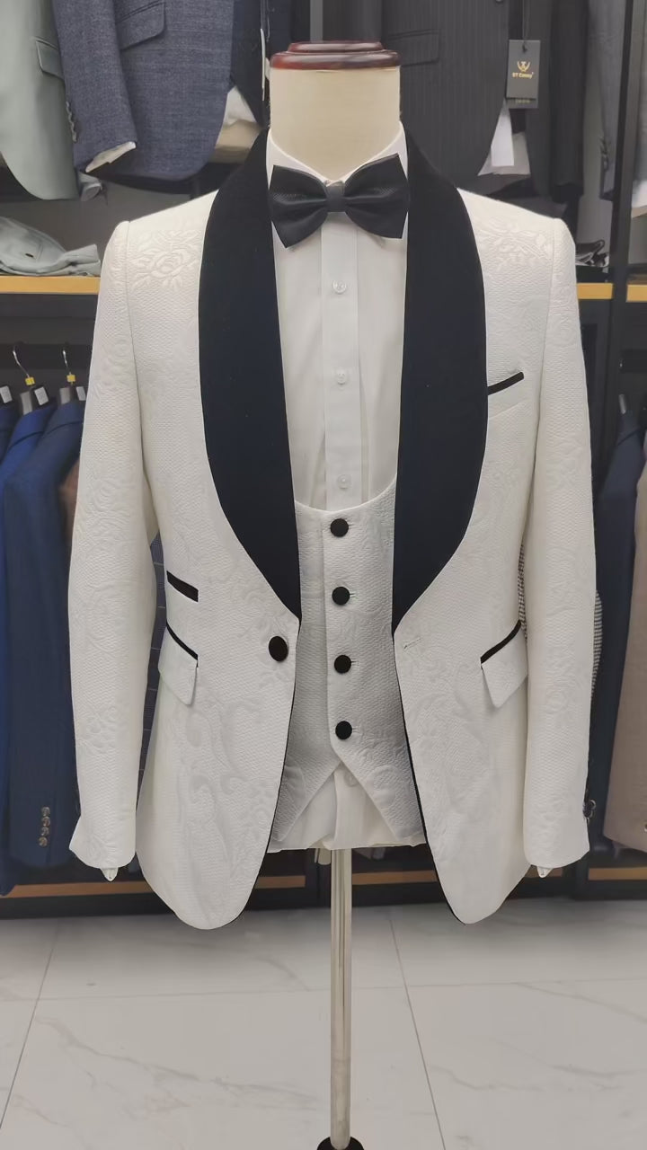 ST Cassy white Male Groom Wedding shawl collar Blazers figure Party Dress Tuxedo Prom Suit Fashion Slim Fit (jacket+Vest+Pants）